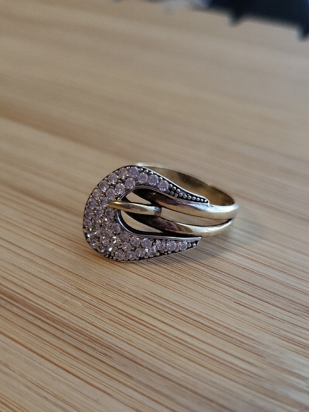 Vintage 925 Sterling Silver Gold Vermeil CZ Swoop/Belt Ring